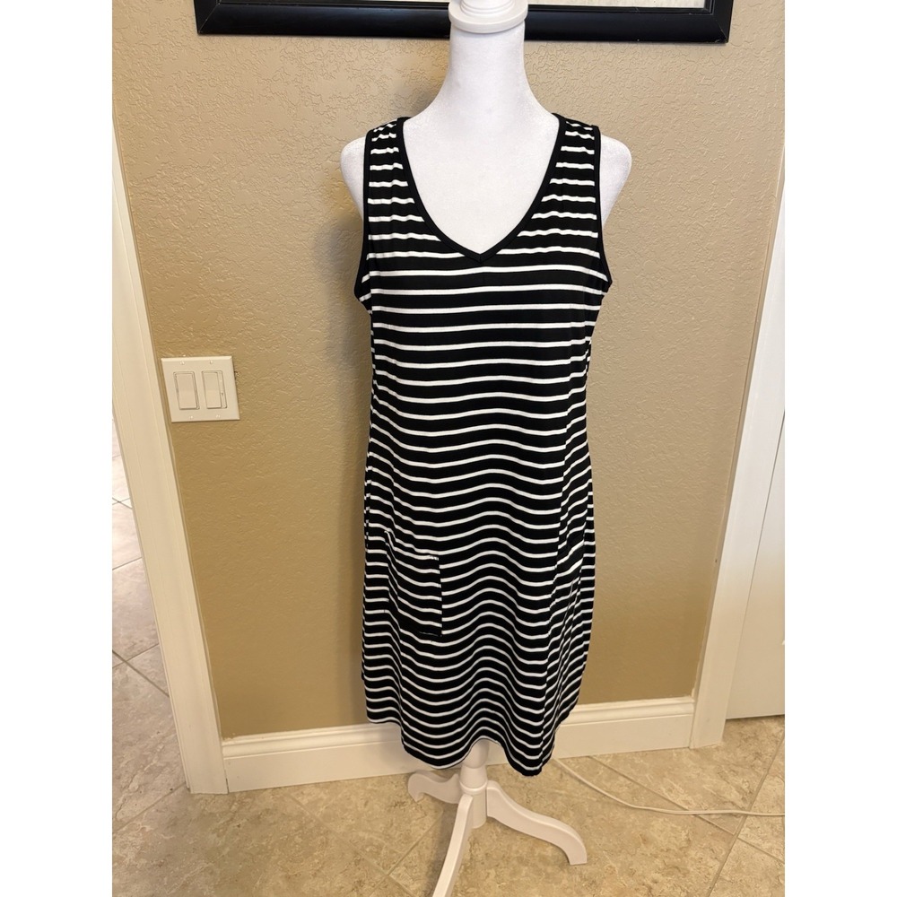 Ofeefan Black And White Striped Sleeveless Summer Dress, Medium, Stretch Pockets
